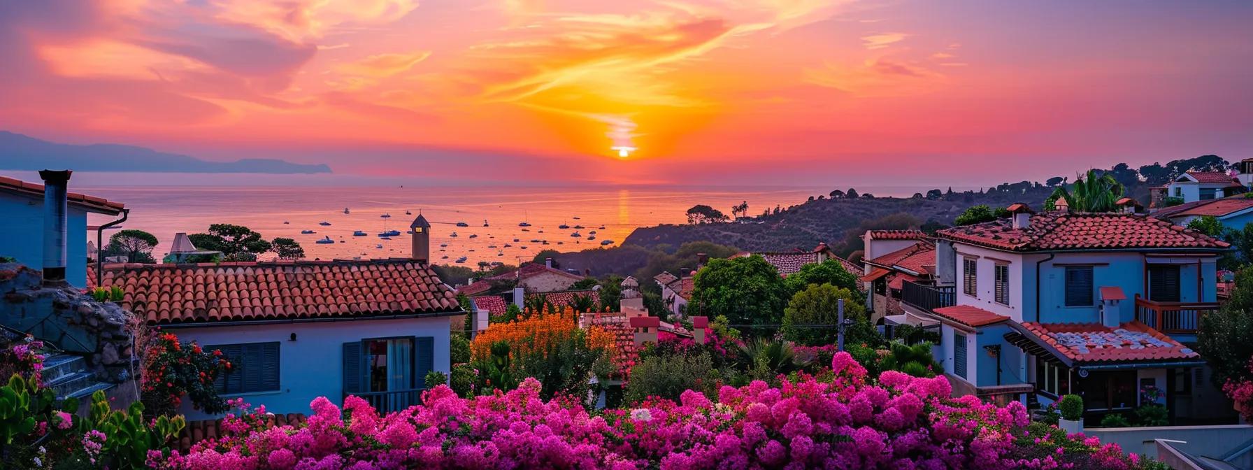 a vibrant sunset casts a golden glow over a picturesque coastal village, where joyful travelers explore charming streets lined with blooming flowers and rustic architecture.