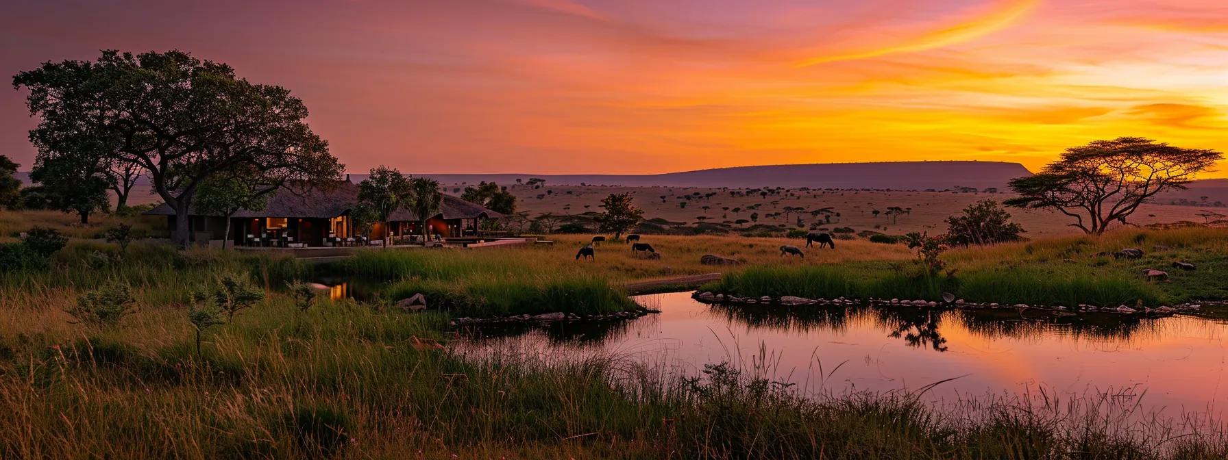 a vibrant sunset casts a golden glow over an exclusive african safari retreat, where elegantly adorned travelers gaze in awe at wildlife grazing on the horizon, embodying the essence of luxury and adventure.