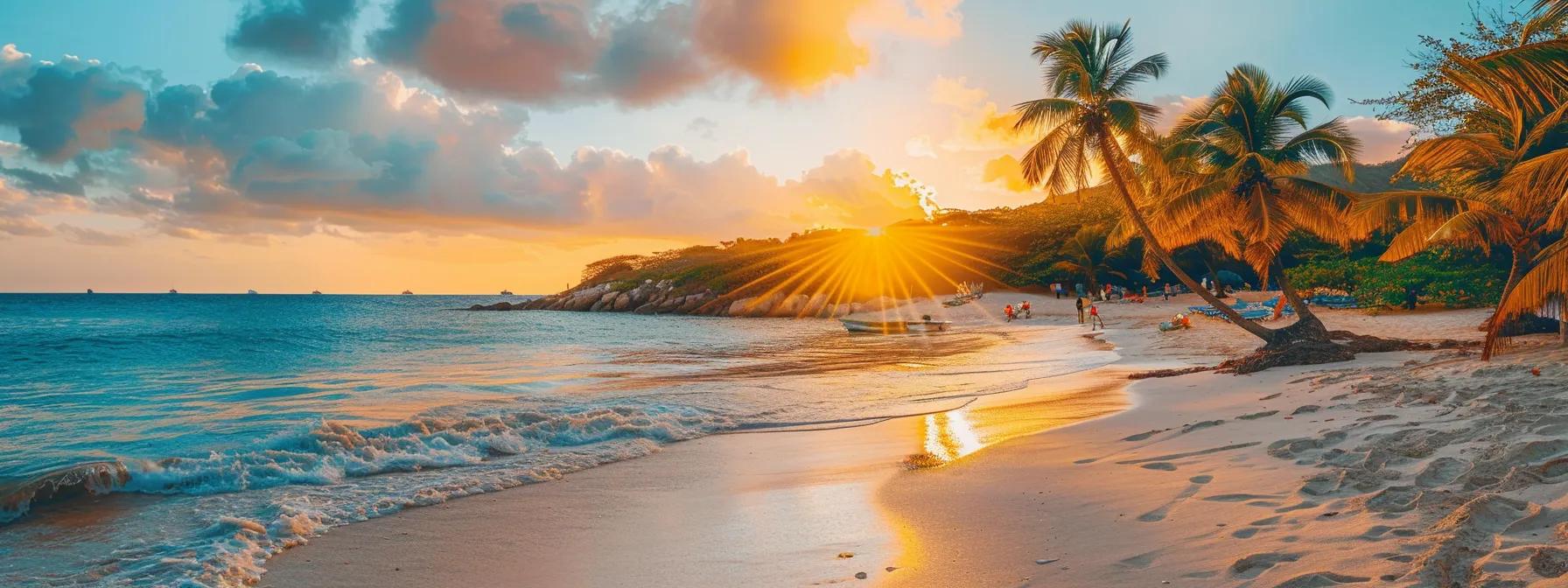 a vibrant sunset casts warm golden hues over a stunning beach filled with joyful travelers, capturing the essence of blissful vacation moments.
