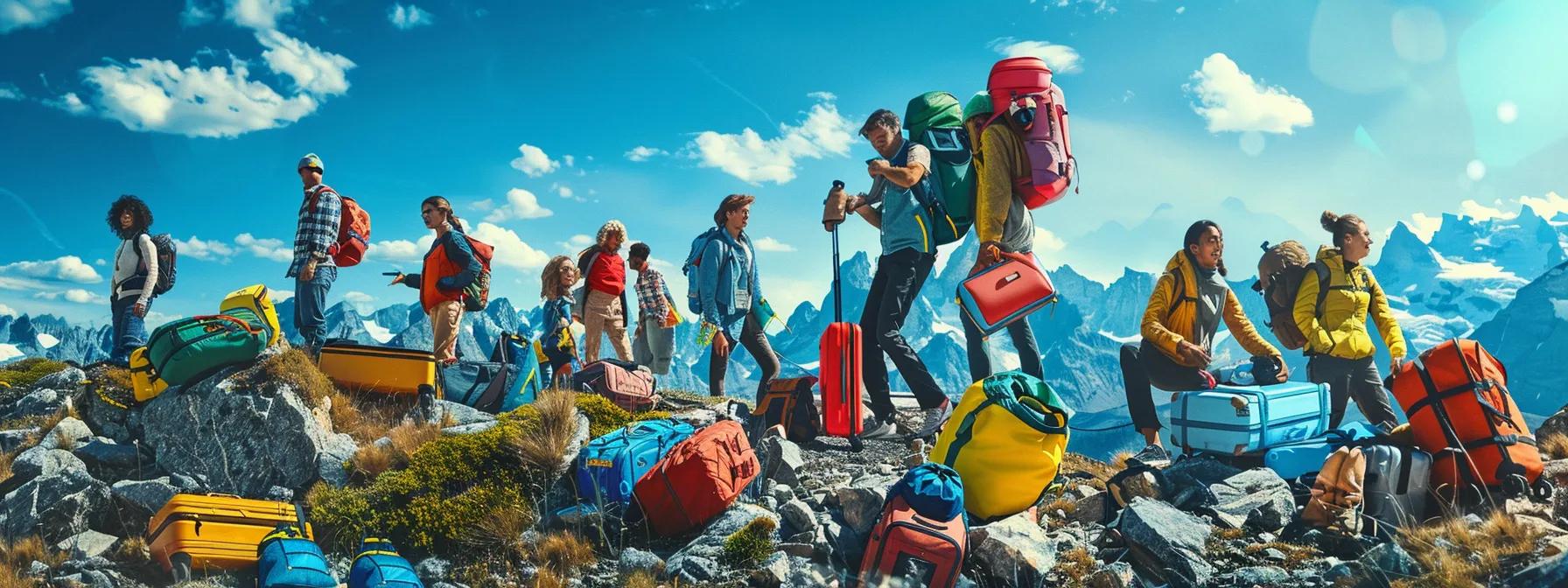 a vibrant travel scene captures a diverse group of enthusiastic travelers surrounded by colorful luggage and essential travel items, set against a breathtaking backdrop of mountains and blue sky.