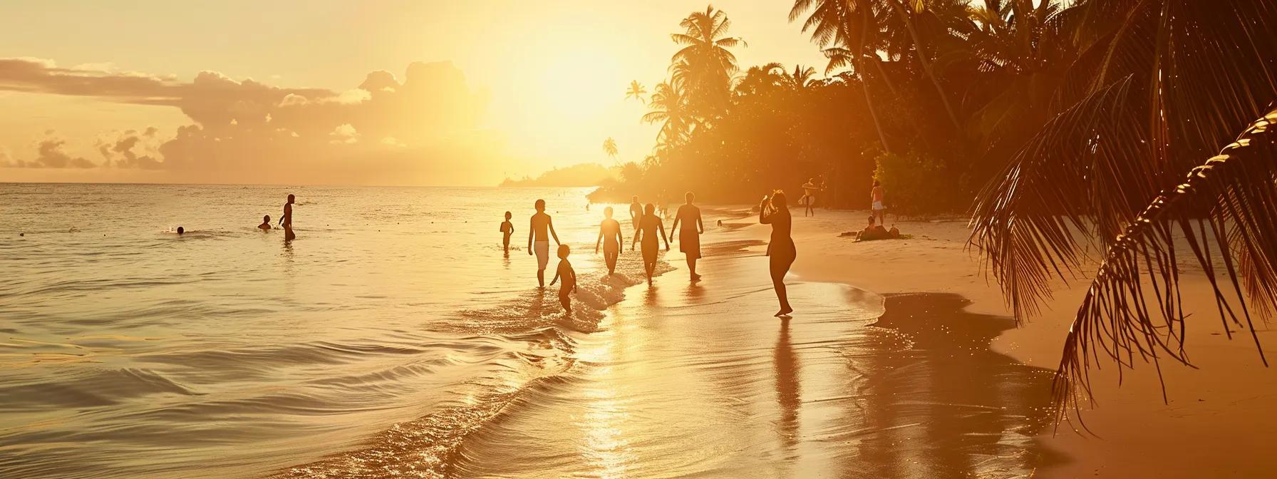 bathed in golden sunlight, a group of travelers enjoys the crystal-clear turquoise waters and pristine white sands of zanzibar beach, surrounded by swaying palm trees that frame the idyllic tropical paradise.